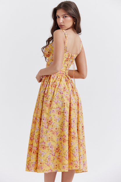 Tatiana Yellow Floral Print Midi Elbise