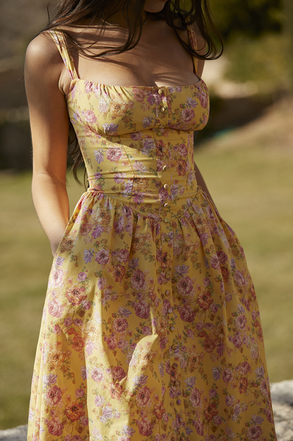 Tatiana Yellow Floral Print Midi Elbise