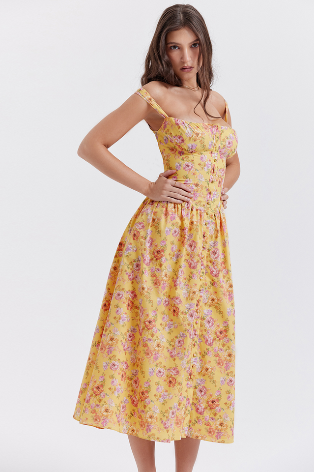 Tatiana Yellow Floral Print Midi Elbise