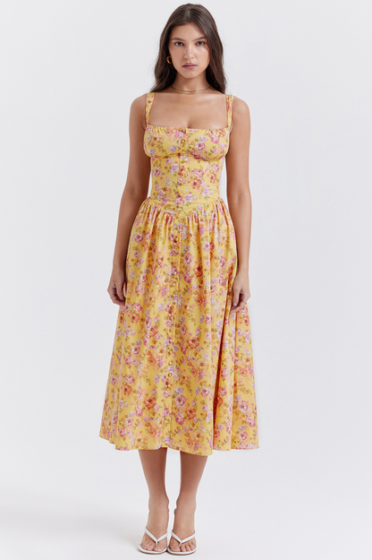 Tatiana Yellow Floral Print Midi Elbise