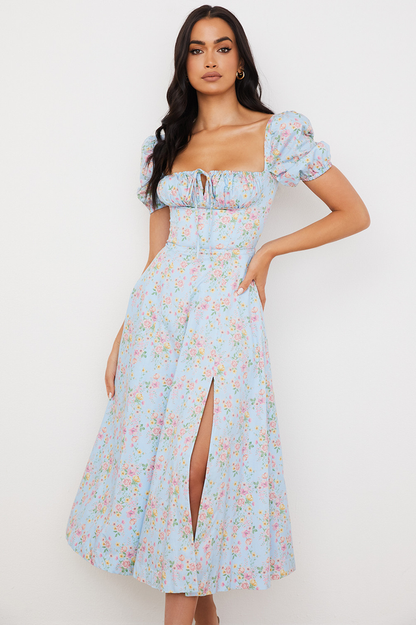 Blue And Pink Vintage Print Midi Elbise