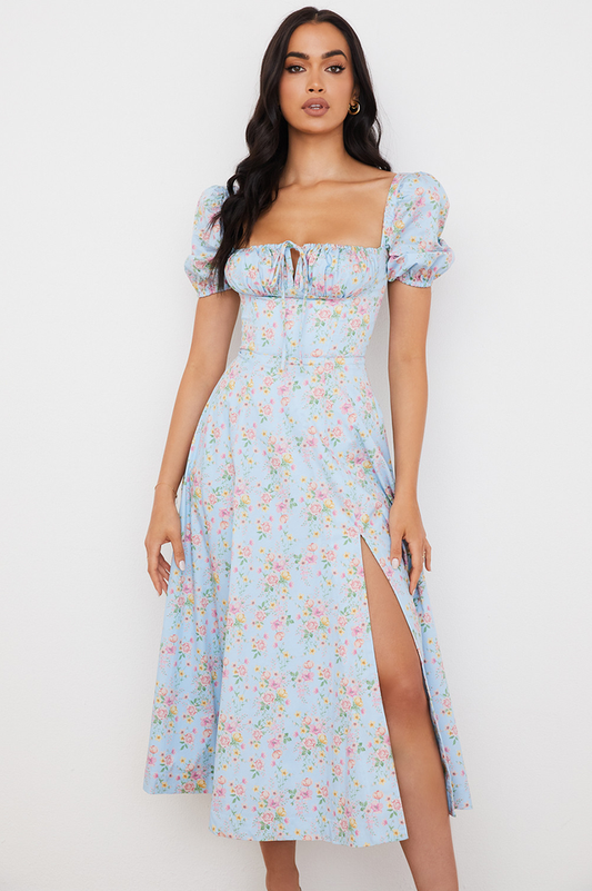 Blue And Pink Vintage Print Midi Elbise
