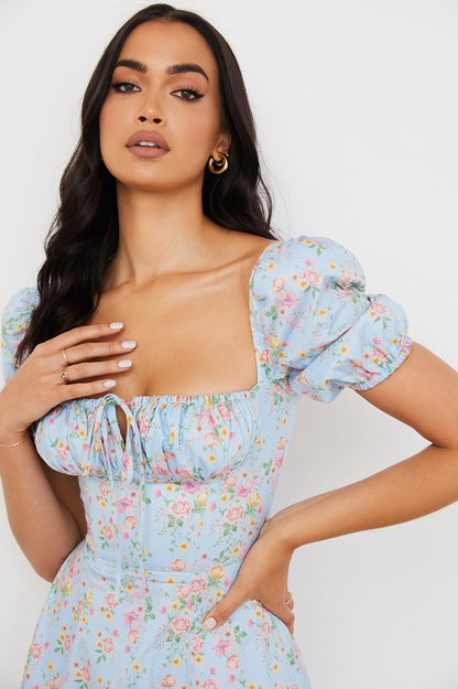 Blue And Pink Vintage Print Midi Elbise