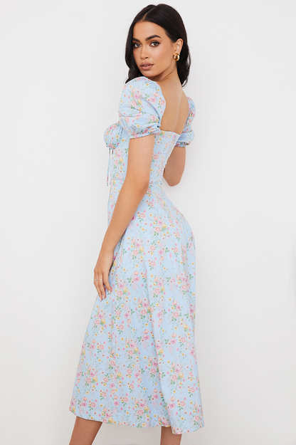 Blue And Pink Vintage Print Midi Elbise