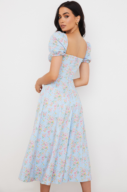 Blue And Pink Vintage Print Midi Elbise
