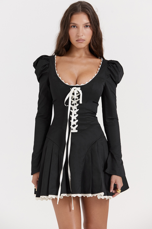 Black & Cream Pleated Mini Elbise
