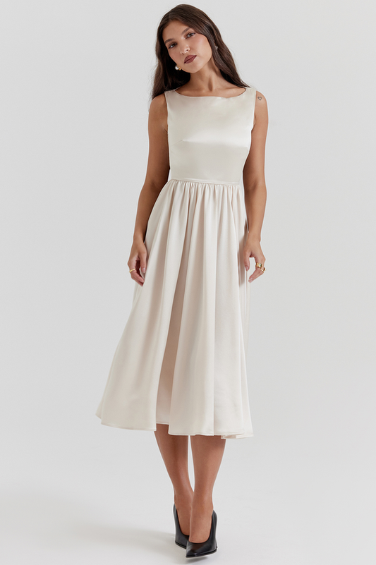 Shayla Retro Cream White Midi Elbise