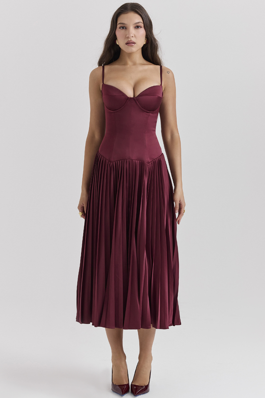 Beau Burgundy Pleated Midi Elbise